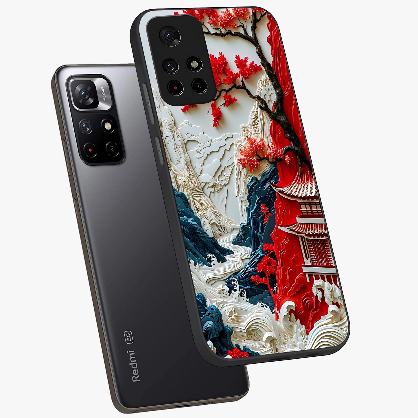 Whispers Of Sakura Waves Glass Case showing flat back view with cherry blossom wave artwork and glossy glass finish.
