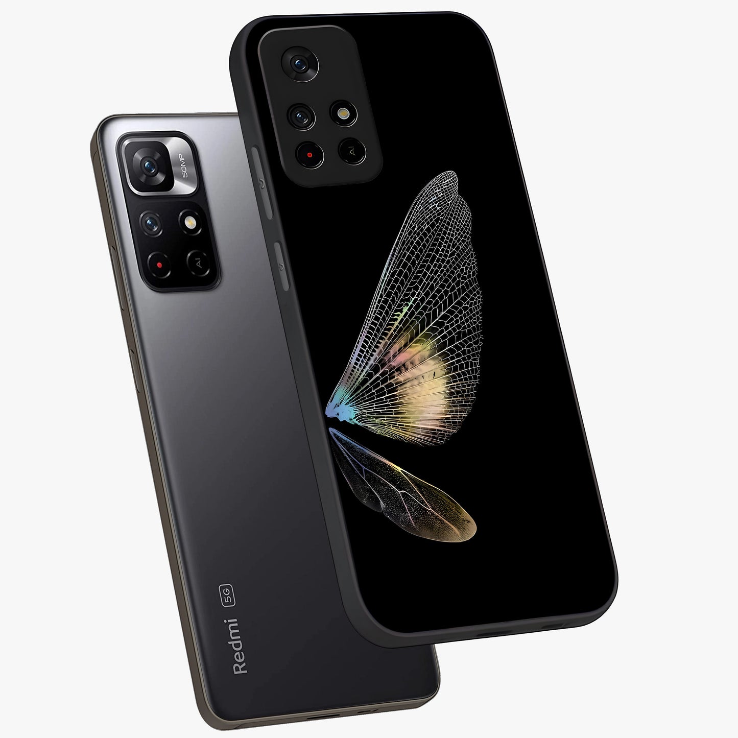 Whispers Of Wings Glass Case showing flat back view with graceful wing inspired artwork and glossy glass finish.