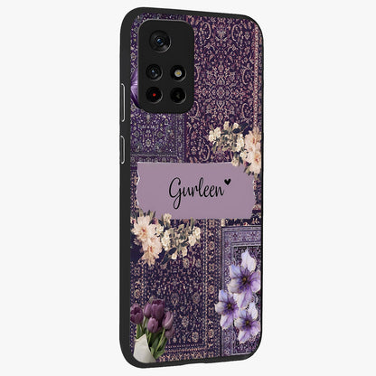 Antique Floral Whisper Custom Name Glass Case displayed in angled mockup highlighting elegant antique floral aesthetic.