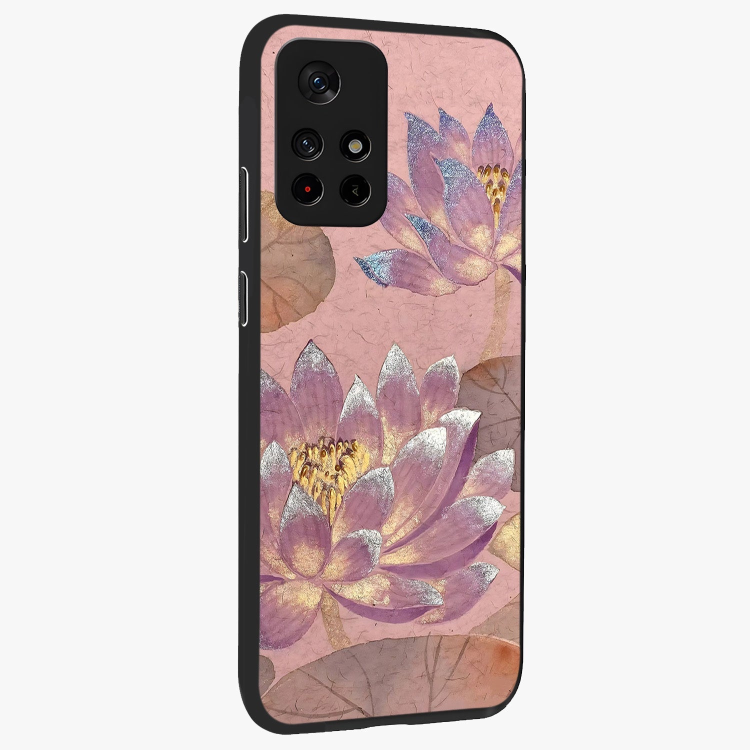 Blossom Mist Lotus Glass Case displayed in angled mockup highlighting delicate lotus illustration with calm aesthetic theme.