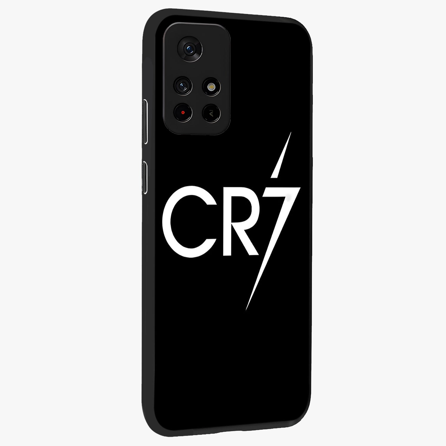 Cr7 Elite Strike Glass Case upright view showcasing energetic football inspired design with modern sports aesthetic.
