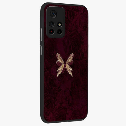 Crimson Fade Butterfly Glass Case upright view showcasing graceful butterfly artwork with soft crimson fade effect.