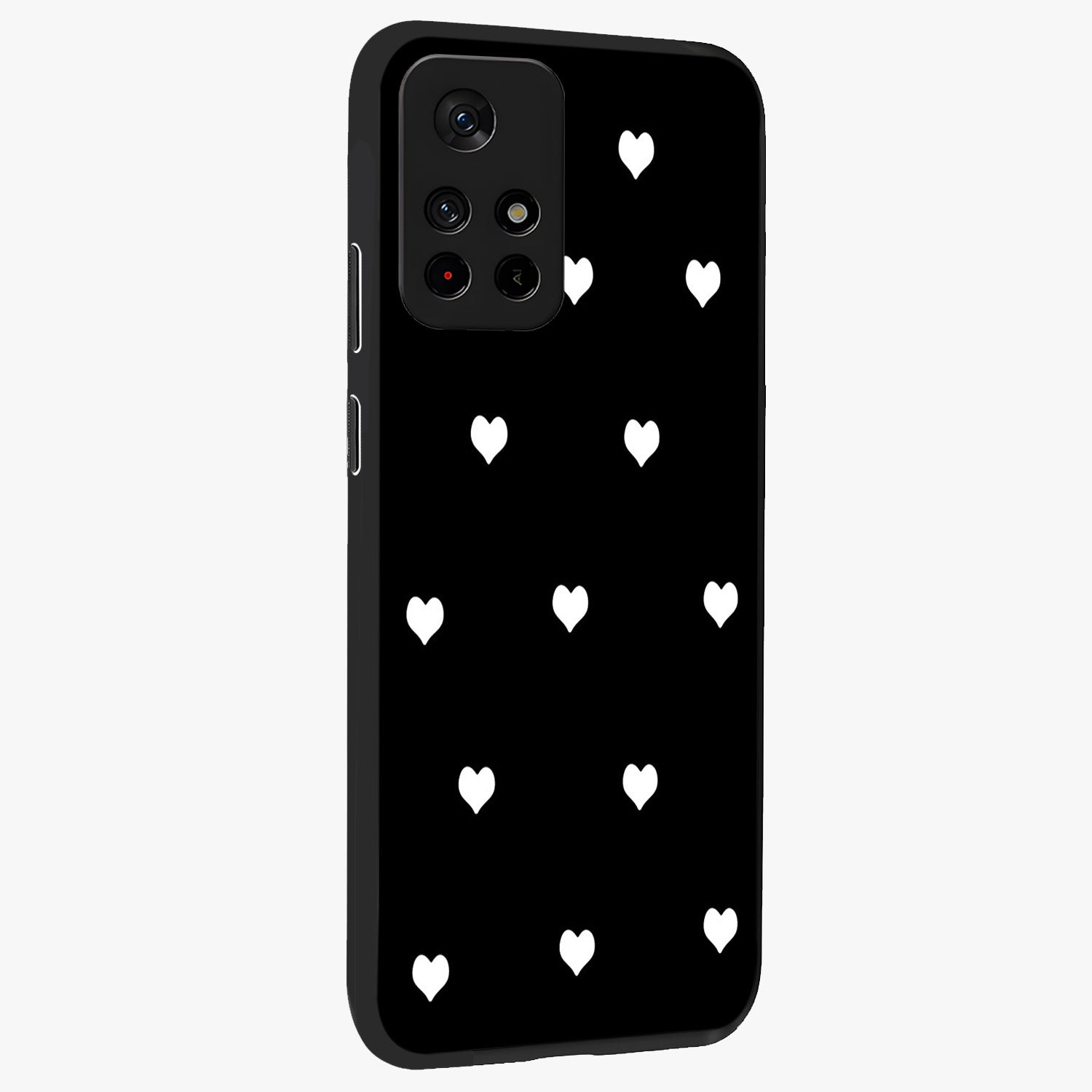 Cute And Simple White Hearts Glass Case displayed in angled mockup highlighting cute heart design with clean aesthetic style.