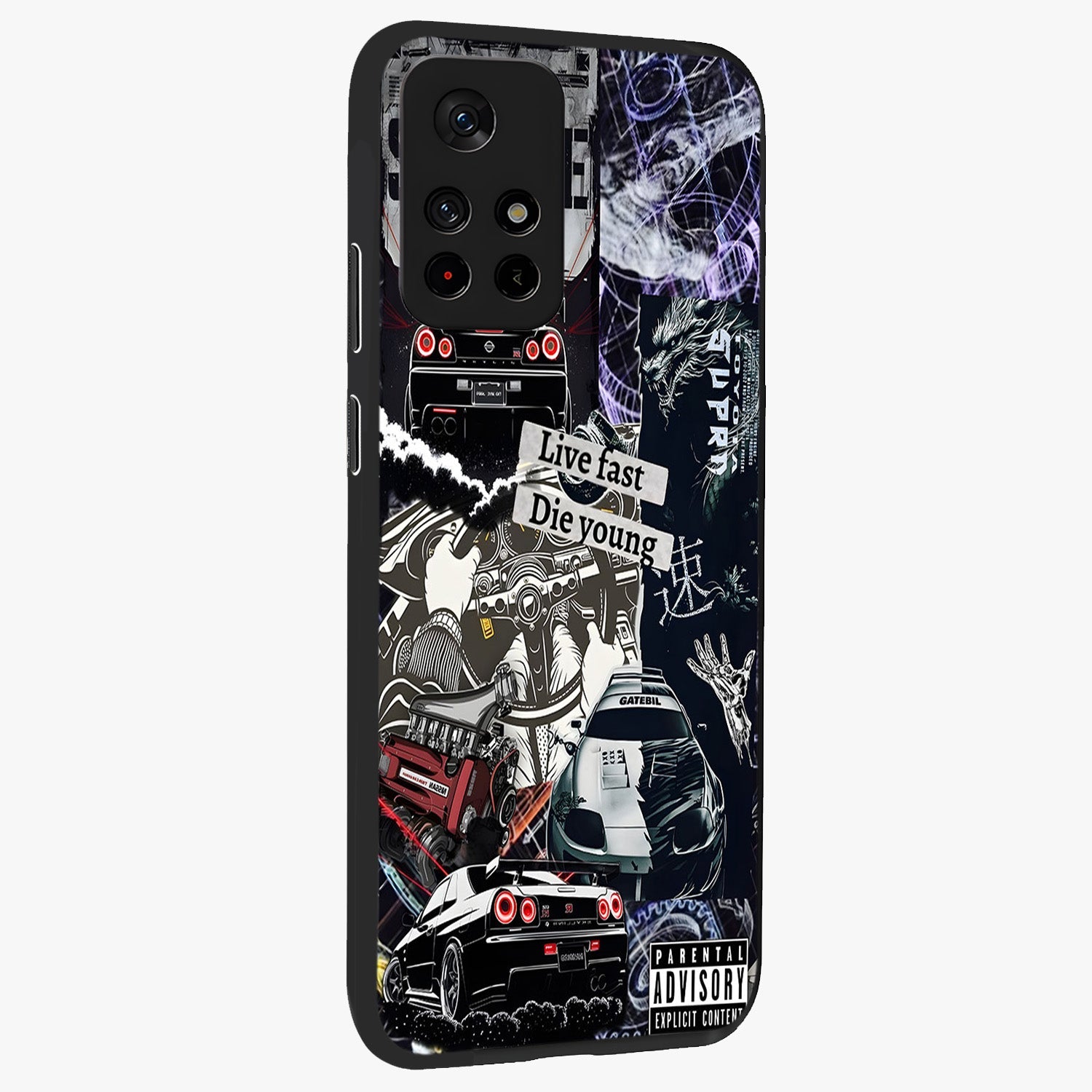 Die Young Glass Case displayed in angled mockup highlighting expressive graphic artwork with edgy aesthetic style.