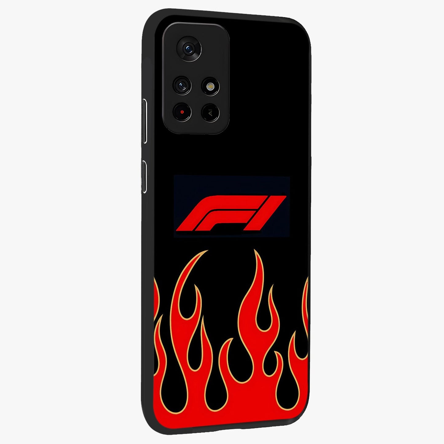Fire F11 Glass Case displayed in angled mockup highlighting bold fire inspired graphic with energetic aesthetic style.