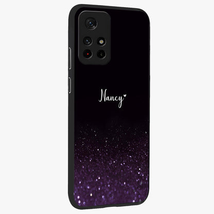 Glittery Purple Bokeh Custom Name Glass Case upright view showcasing vibrant purple sparkle artwork with personalized aesthetic style.