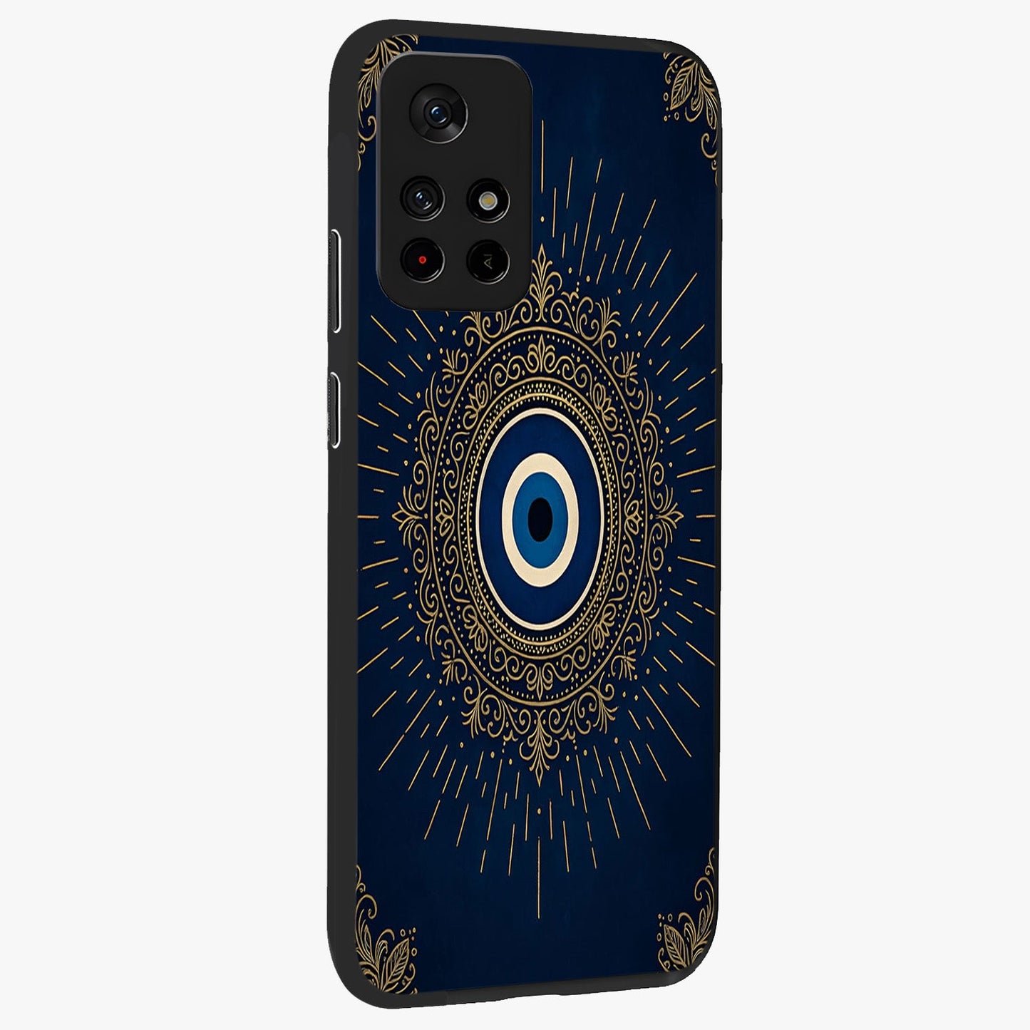 Golden Celestial Charm Glass Case upright view showcasing radiant celestial artwork with elegant golden theme.