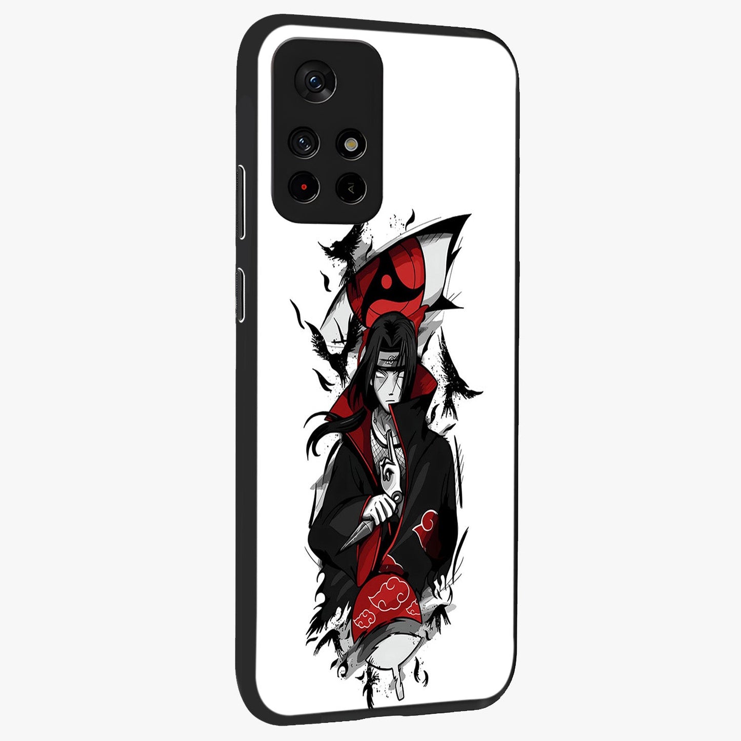 Itachi Limited Edition Naruto Anime Glass Case displayed in angled mockup highlighting dramatic anime illustration with bold action aesthetic.