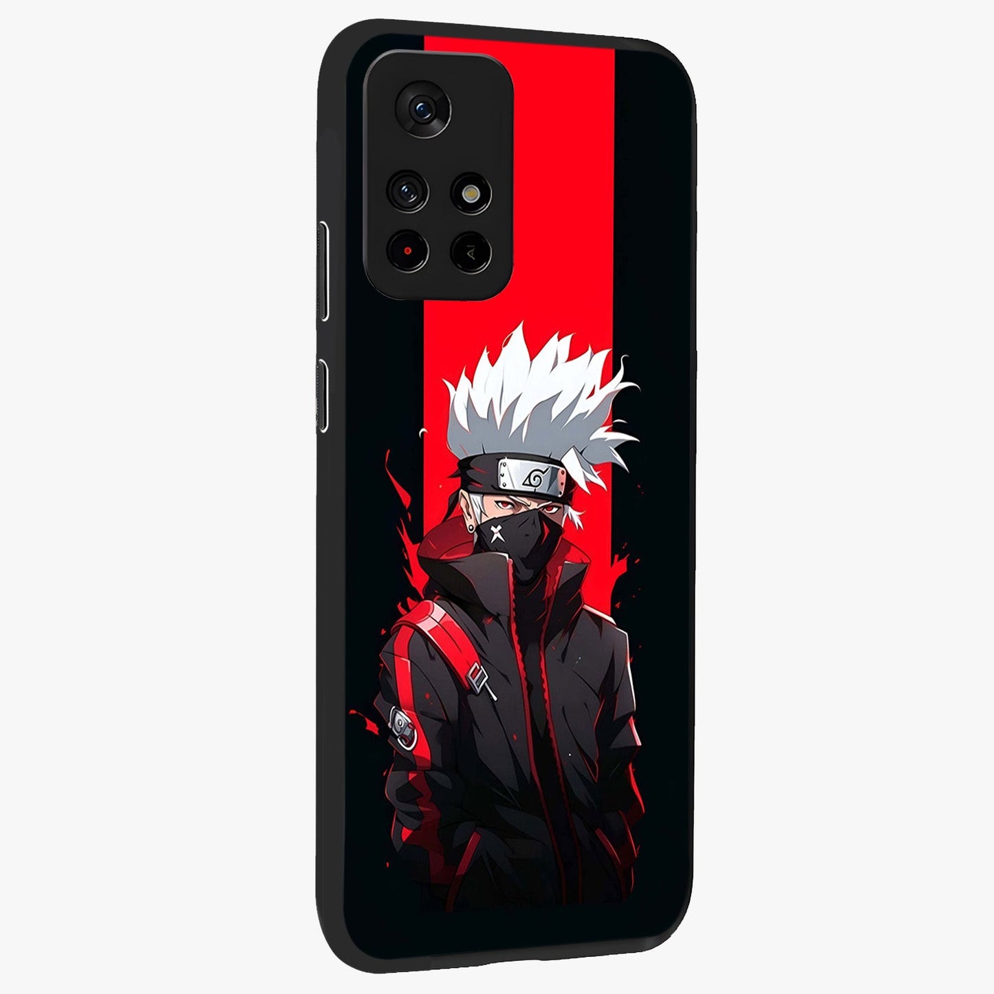 Kakashi Scarlet Shadow Glass Case displayed in angled mockup highlighting dramatic ninja illustration with scarlet themed aesthetic.