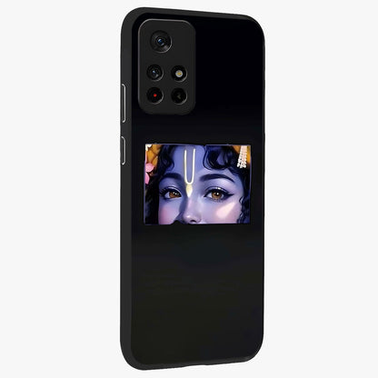 Krishna Divine Embrace Glass Case displayed in angled mockup highlighting divine Krishna illustration with spiritual aesthetic.