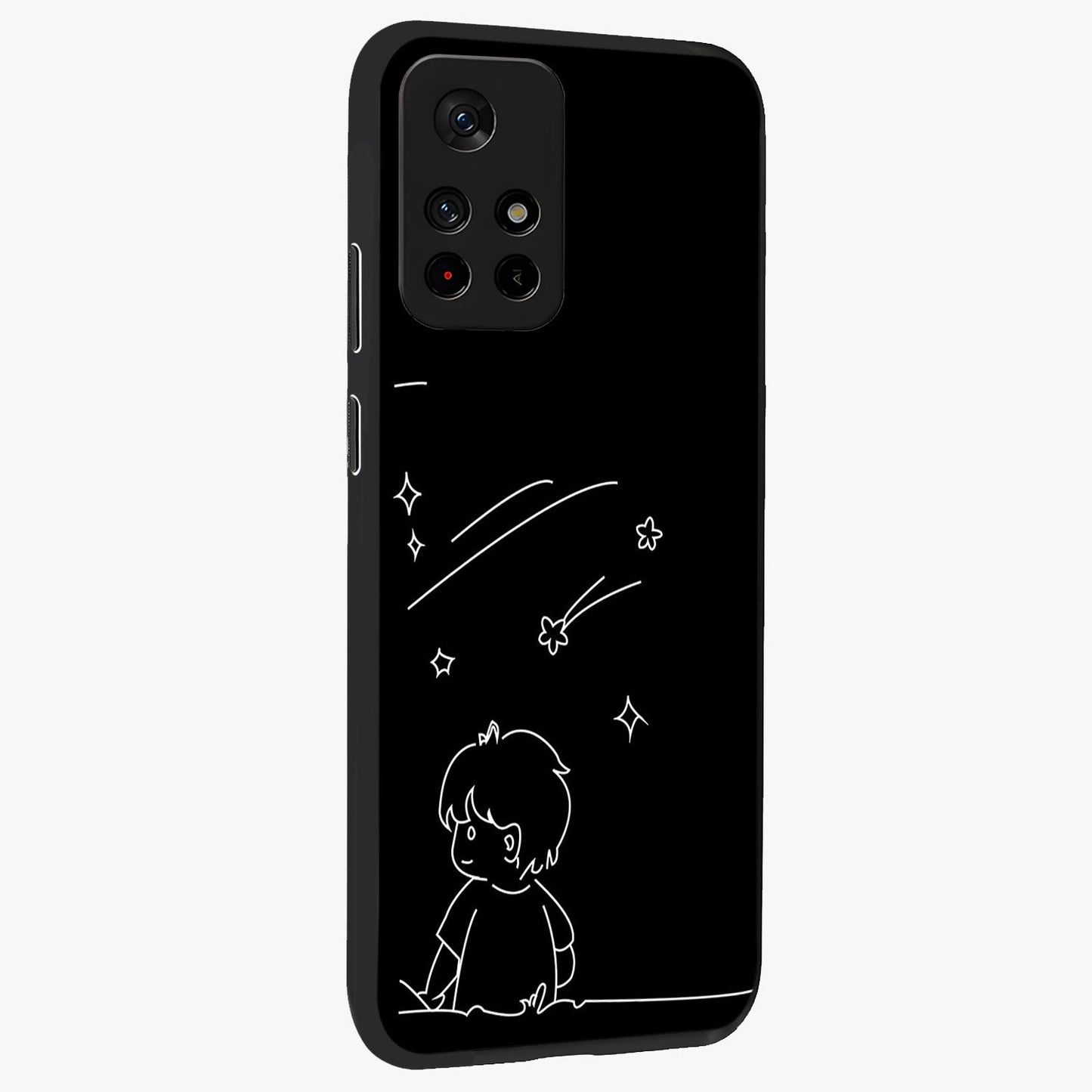 Line Art Boy With Shooting Stars Glass Case displayed in angled mockup highlighting elegant line art design with dreamy star aesthetic.