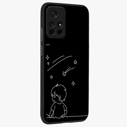 Line Art Boy With Shooting Stars Glass Case displayed in angled mockup highlighting elegant line art design with dreamy star aesthetic.