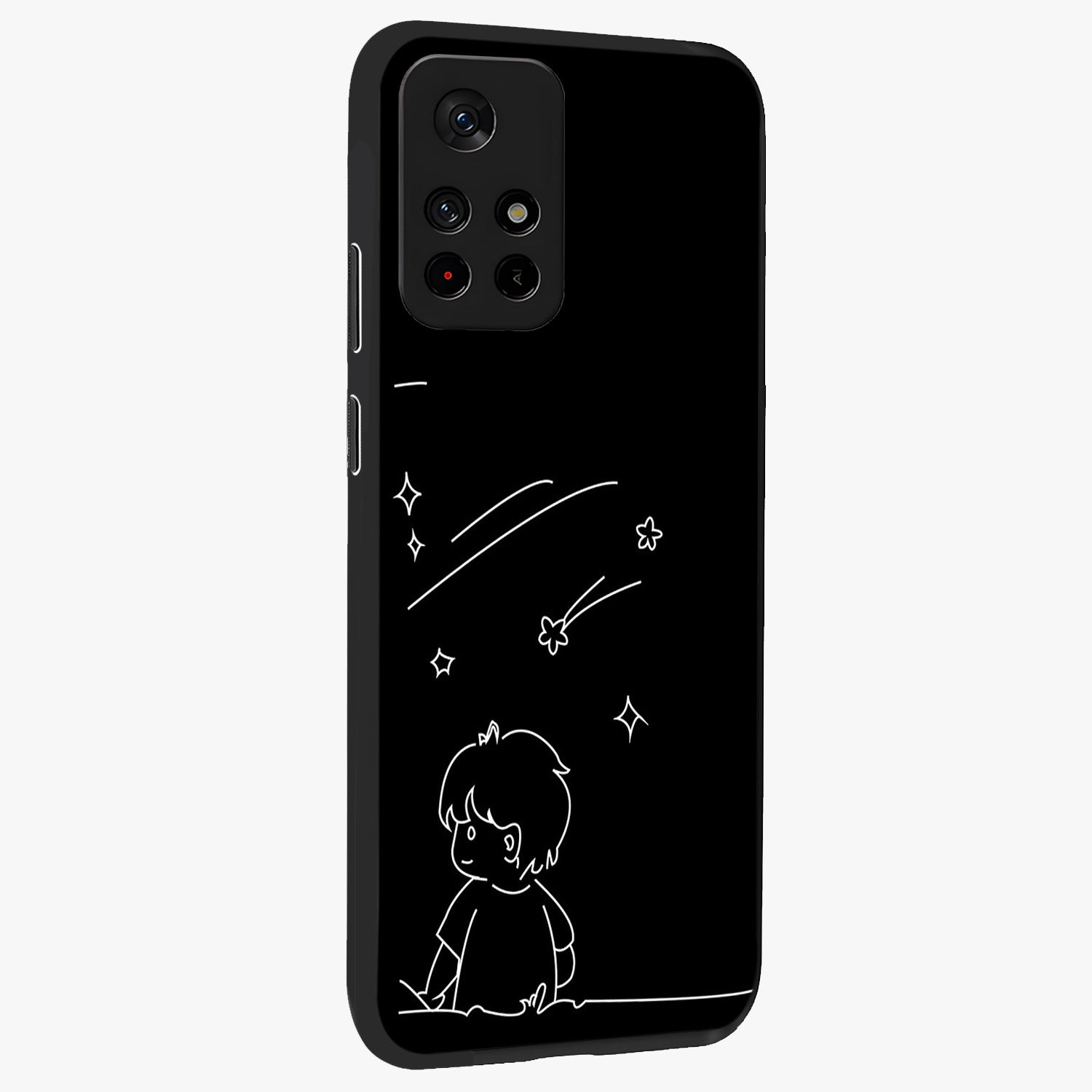Line Art Boy With Shooting Stars Glass Case upright view showcasing artistic shooting star illustration with minimal style.
