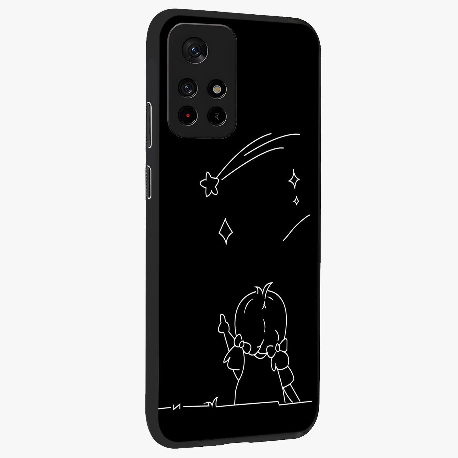 Line Art Girl With Shooting Stars Glass Case upright view showcasing delicate shooting stars artwork with minimal artistic theme.