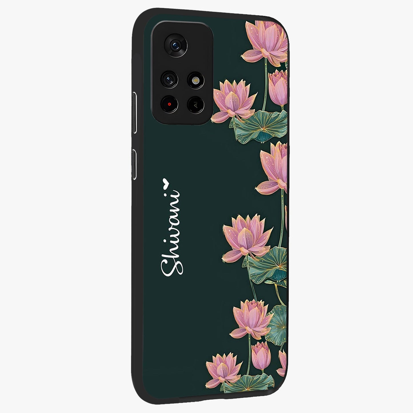Lotus Bloom Serenity Custom Name Glass Case displayed in angled mockup highlighting graceful lotus illustration with custom name feature.