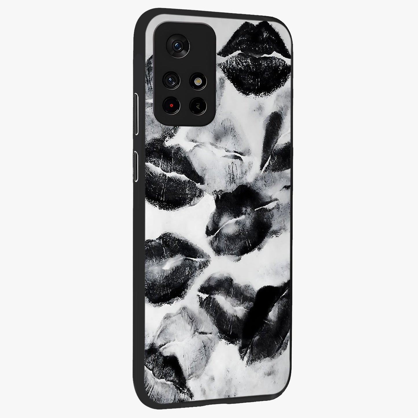 Midnight Kiss Marks Glass Case displayed in angled mockup highlighting playful romantic design with bold midnight aesthetic.