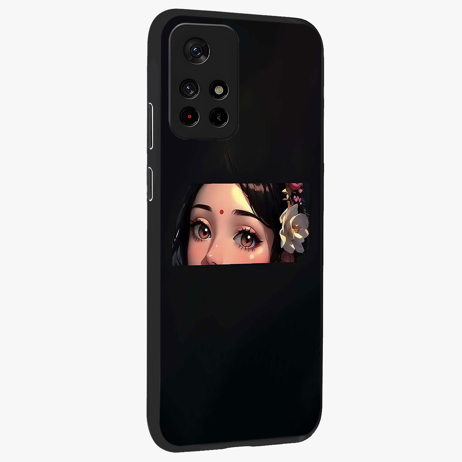 Radha Divine Embrace Glass Case displayed in angled mockup highlighting graceful spiritual illustration with divine aesthetic.