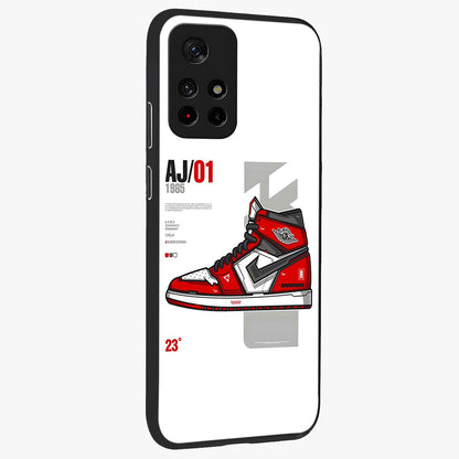 Retro Sneaker Blueprint Glass Case upright view showcasing stylish sneaker illustration with vintage streetwear theme.