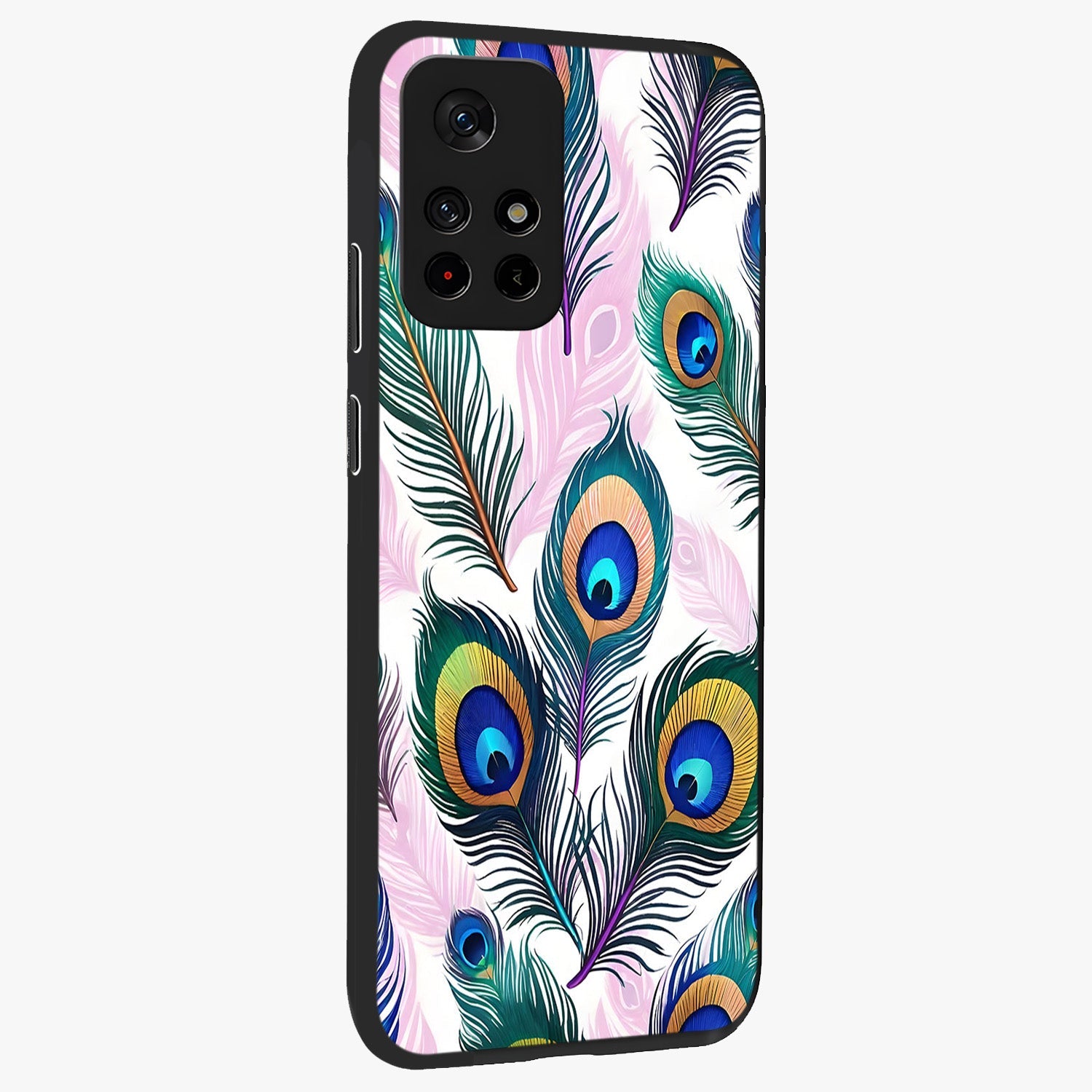 Royal Peacock Feathers Glass Case displayed in angled mockup highlighting vibrant feather pattern with regal aesthetic style.