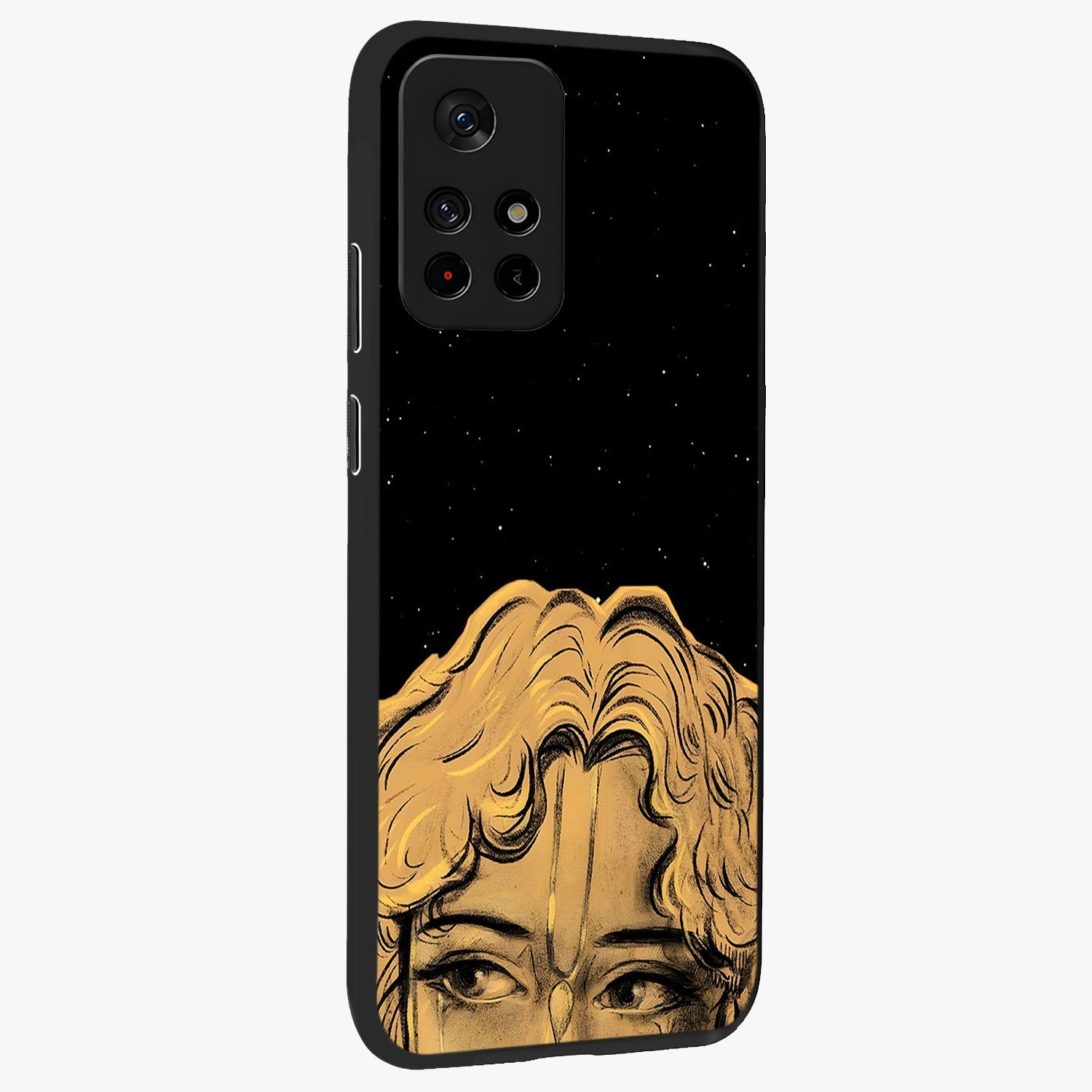 Shri Krishna Art Glass Case displayed in angled mockup highlighting spiritual Krishna illustration with divine aesthetic.