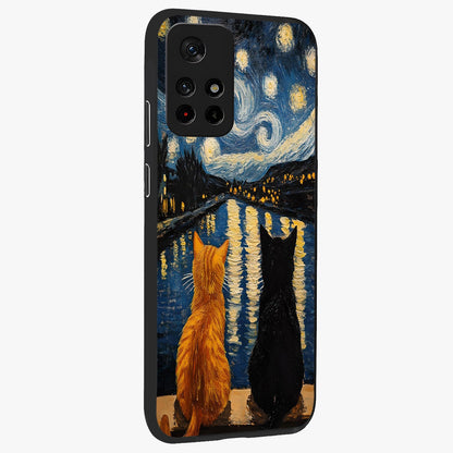 Starry River Cats Glass Case displayed in angled mockup highlighting charming feline illustration with dreamy night aesthetic.