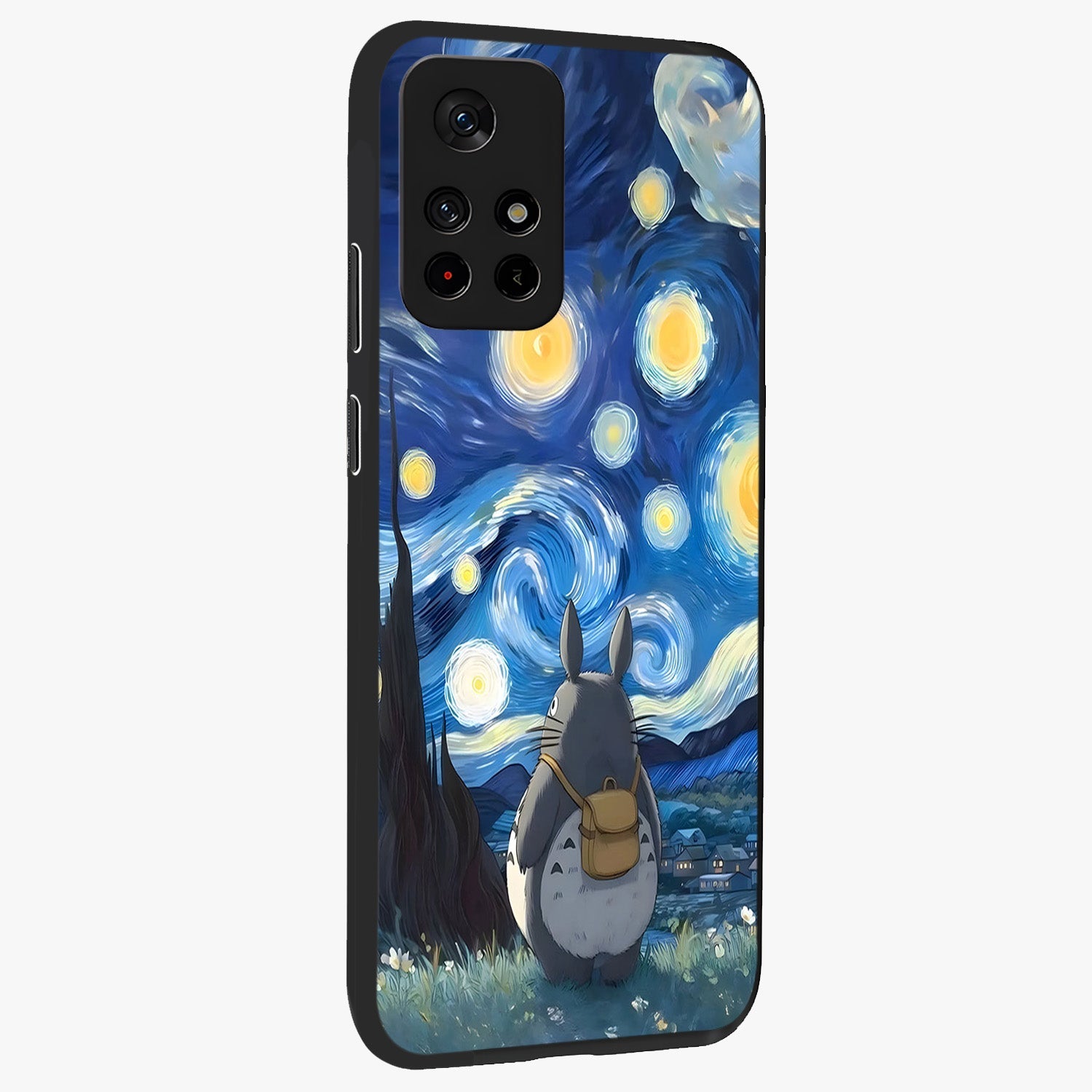 Totoro In Van Gogh Art Glass Case displayed in angled mockup highlighting artistic swirling sky design with playful animation aesthetic.