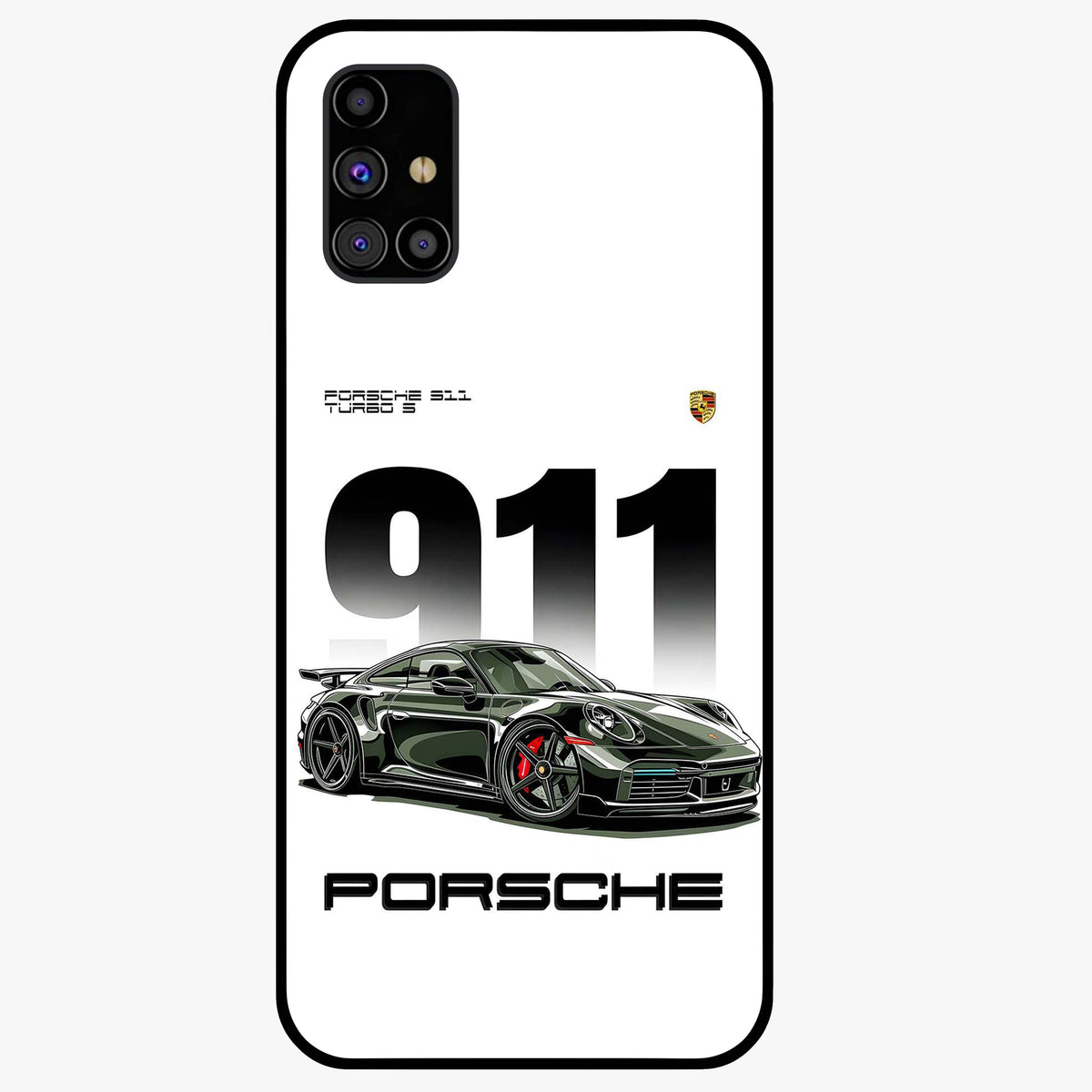 911 Turbo Dominance Glass Case showing clean flat back view with bold 911 sports car artwork and glossy glass finish.
