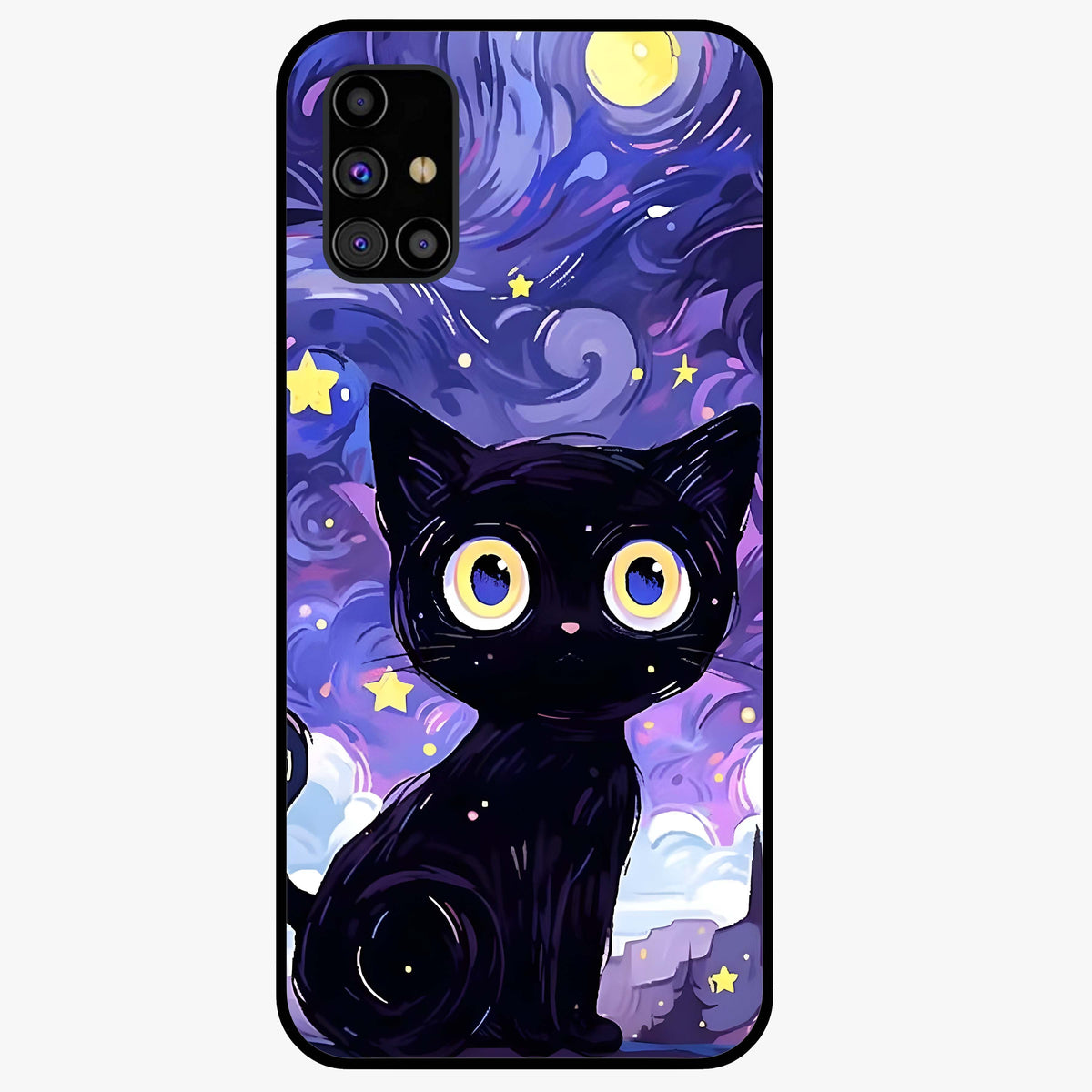 Abstract Cat Art Glass Case showing flat back view with artistic cat illustration and glossy glass finish.