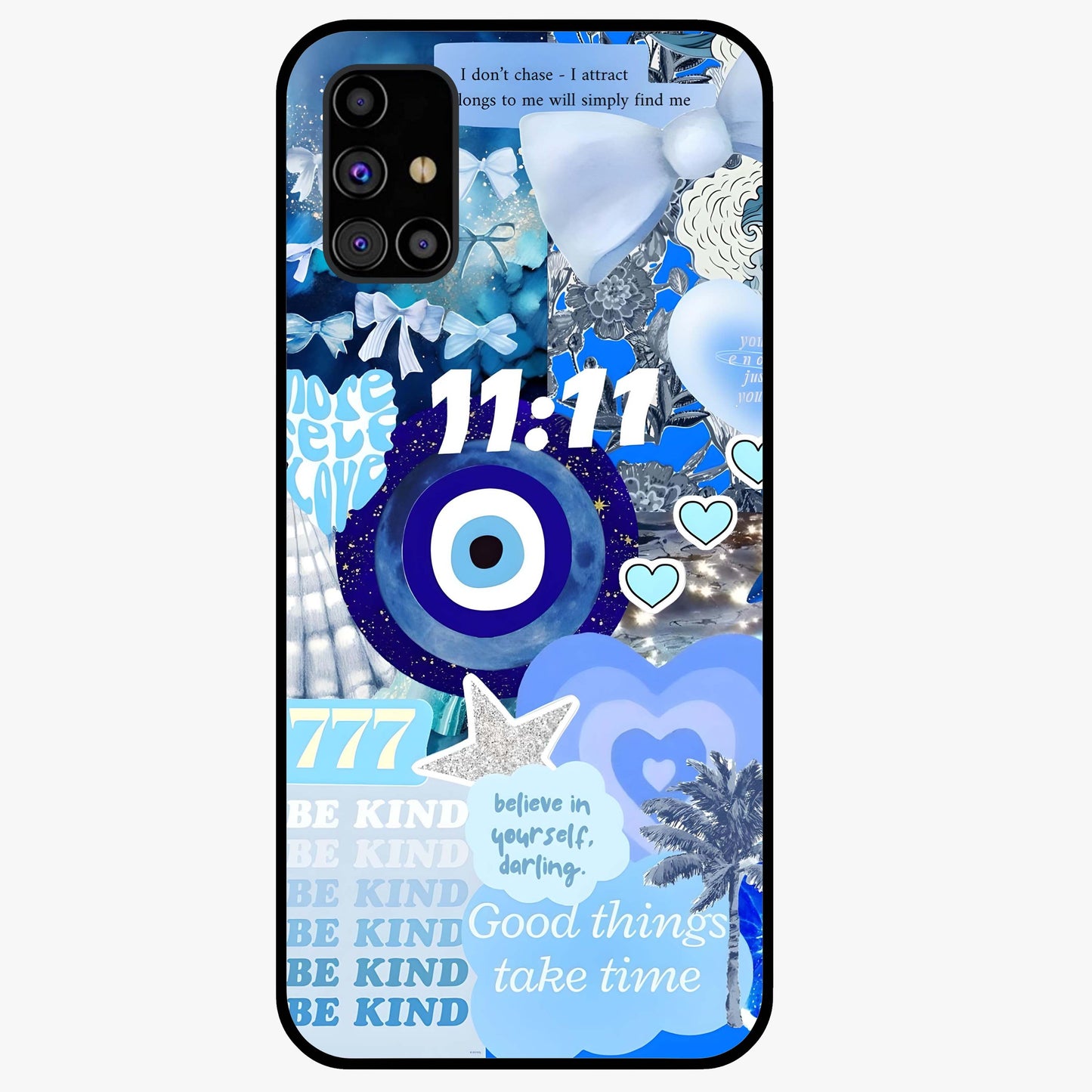 Aesthetic Be Kind Eye Glass Case showing flat back view with motivational eye artwork and glossy glass finish.