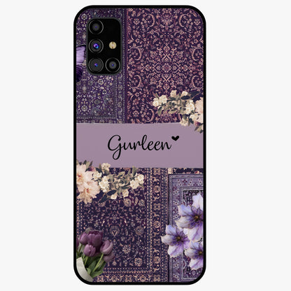 Antique Floral Whisper Custom Name Glass Case showing flat back view with vintage floral artwork and personalized name design.
