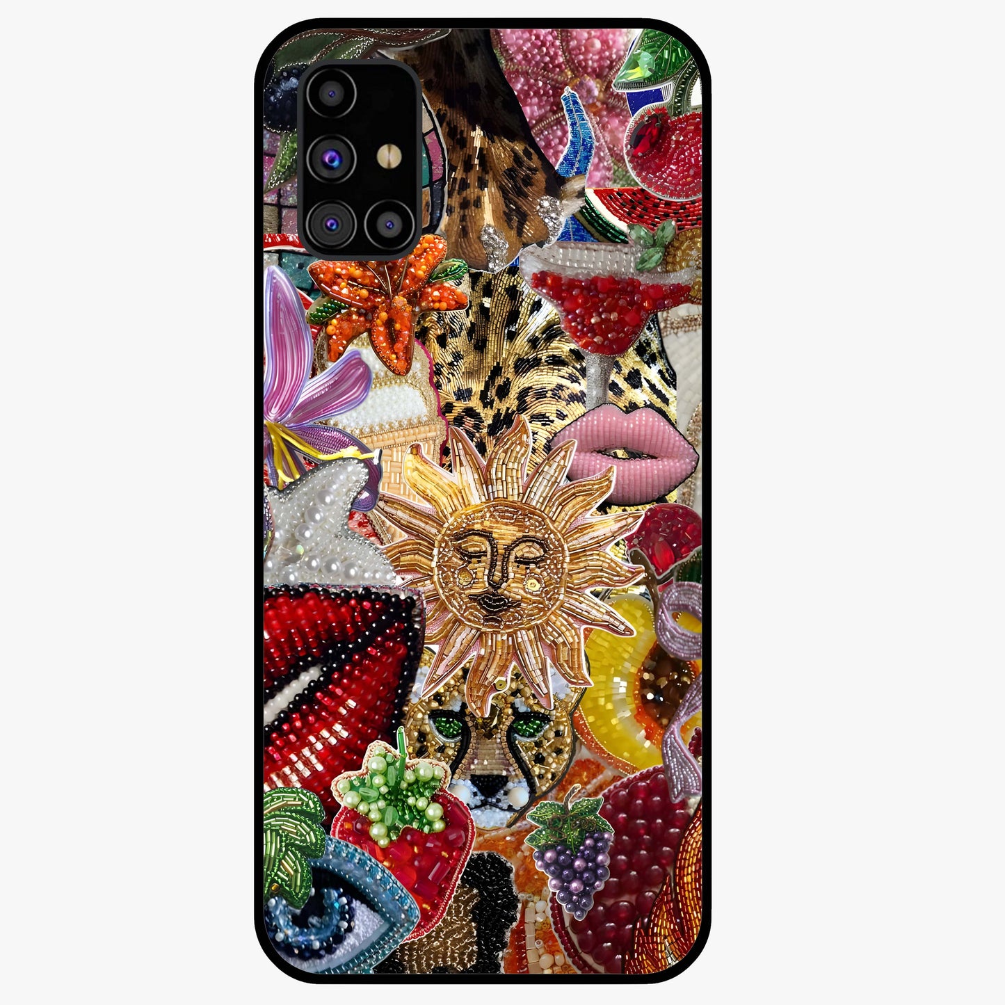 Beaded Fashion Jungle Glass Case showing flat back view with vibrant jungle inspired bead artwork and glossy glass finish.