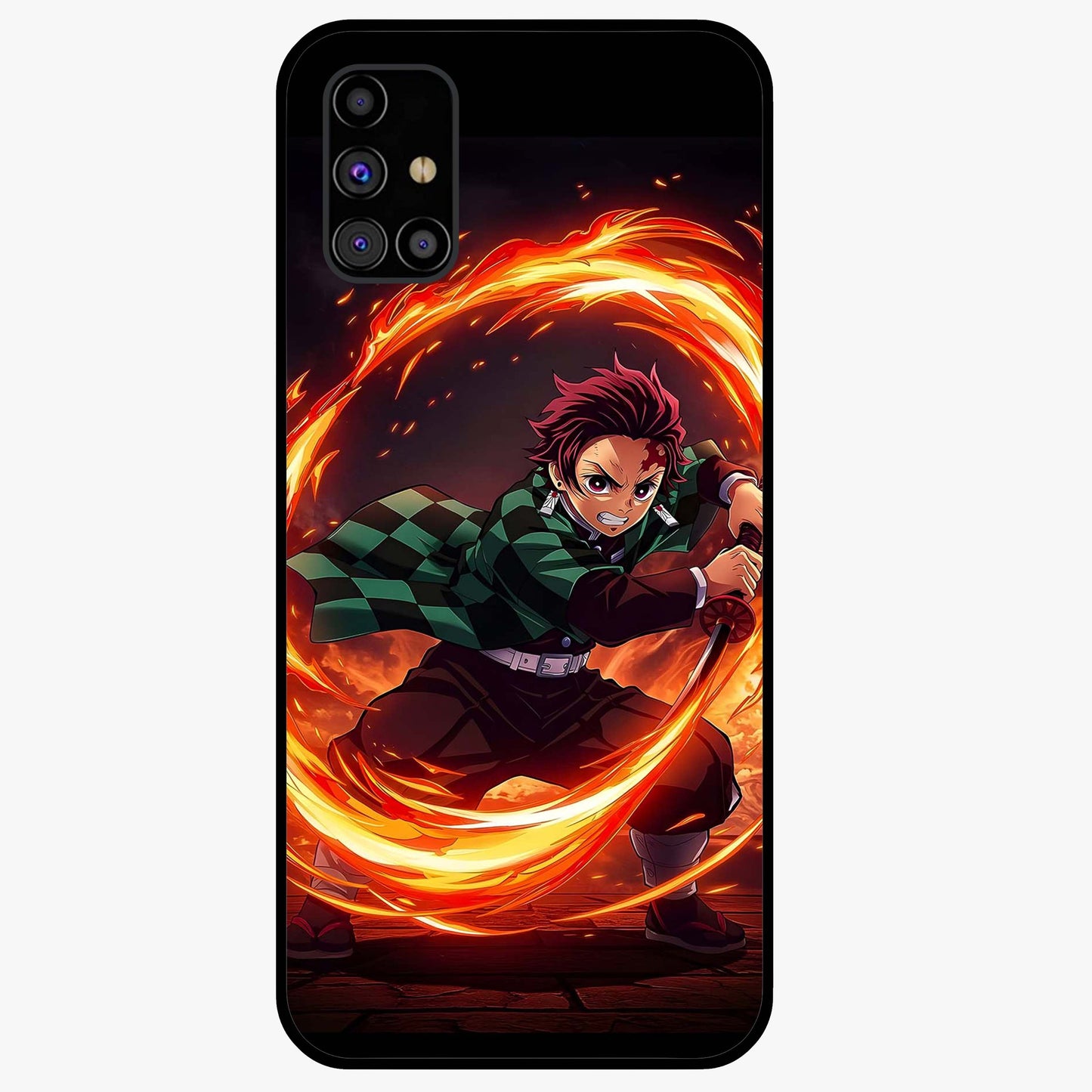 Blazing Sword Resolve Glass Case showing flat back view with fiery sword artwork and glossy glass finish.