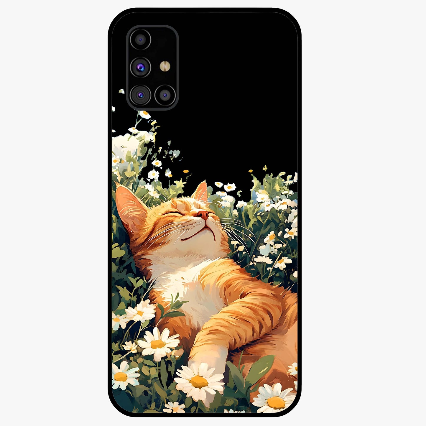 Blissful Bloom Cat Glass Case showing flat back view with cute cat and floral bloom artwork and glossy glass finish.