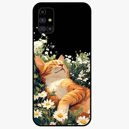 Blissful Bloom Cat Glass Case showing flat back view with cute cat and floral bloom artwork and glossy glass finish.