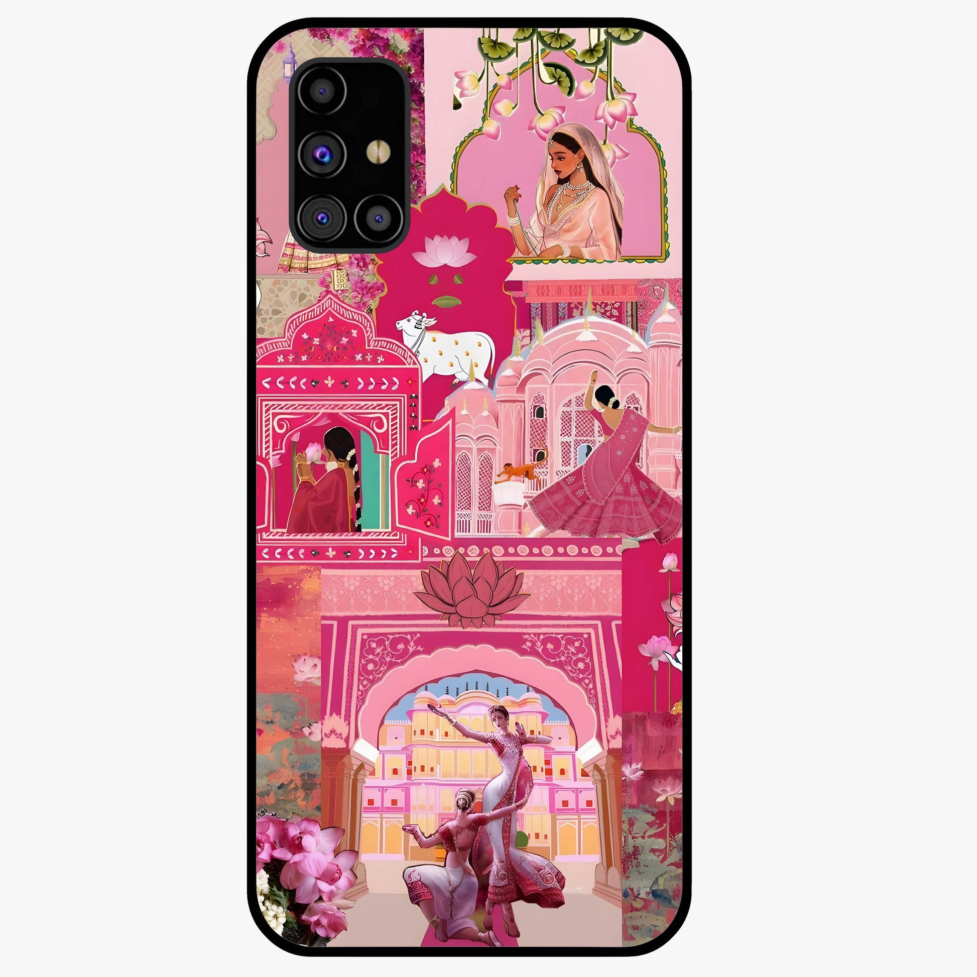 Blossoms of Rajasthan Glass Case showing flat back view with traditional floral artwork inspired by Rajasthan and glossy glass finish.