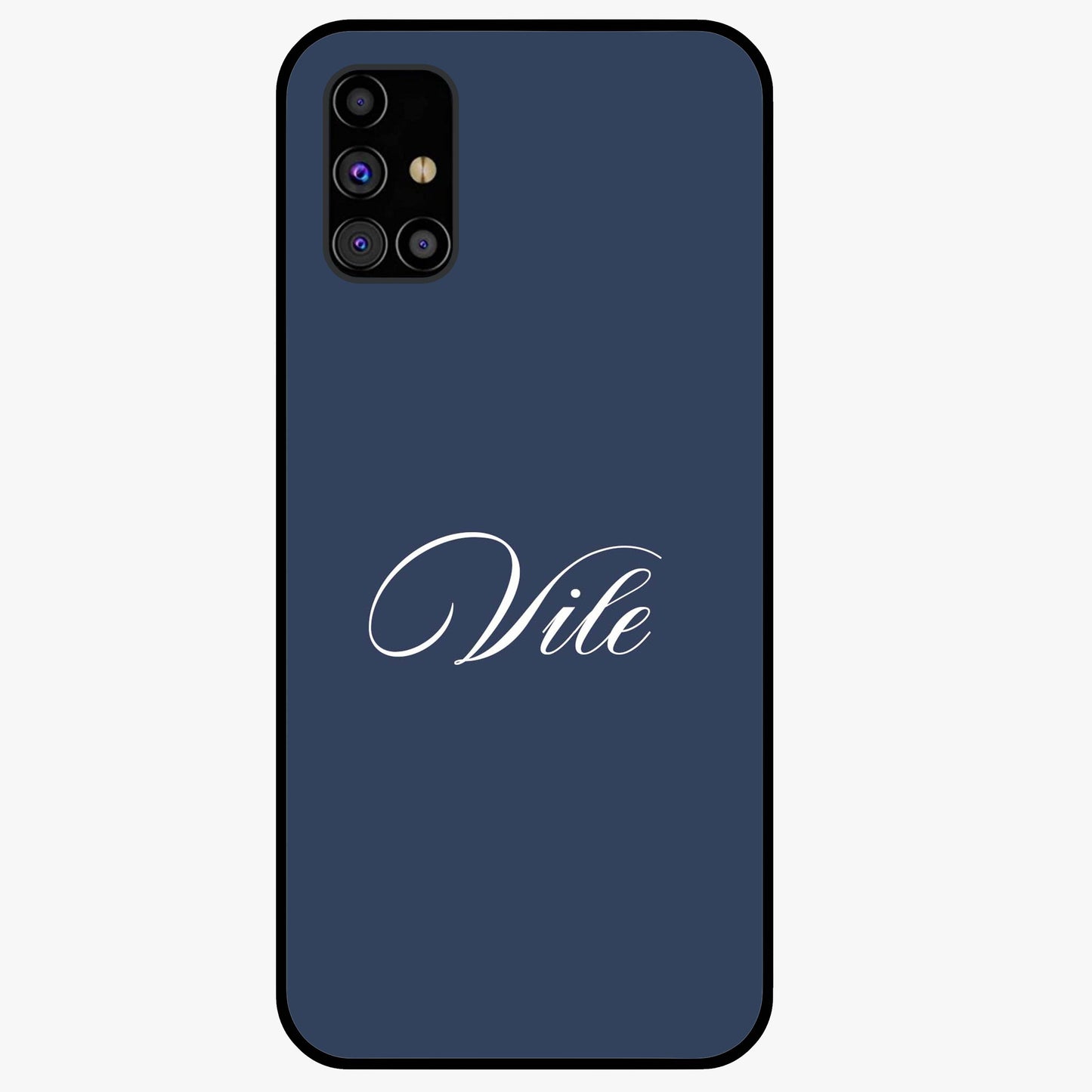 Blue Background Personalized Custom Name Glass Case showing flat back view with minimal blue background and custom name design.