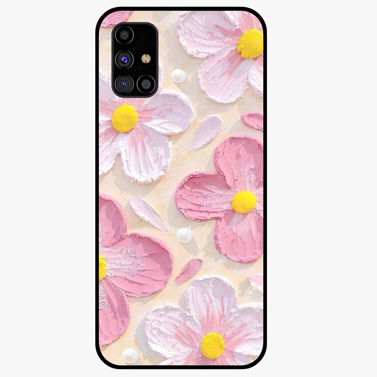 Blush Bloom Texture Glass Case showing flat back view with soft blush floral texture artwork and glossy glass finish.