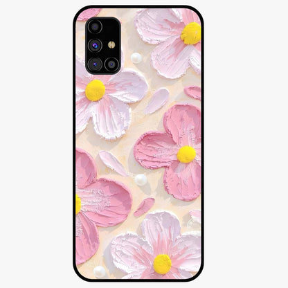 Blush Bloom Texture Glass Case showing flat back view with soft blush floral texture artwork and glossy glass finish.