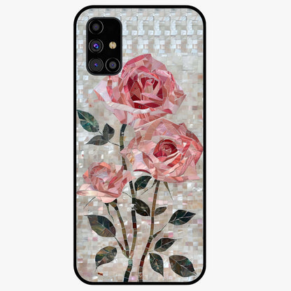 Blush Mosaic Bloom Glass Case showing flat back view with mosaic floral bloom artwork and glossy glass finish.