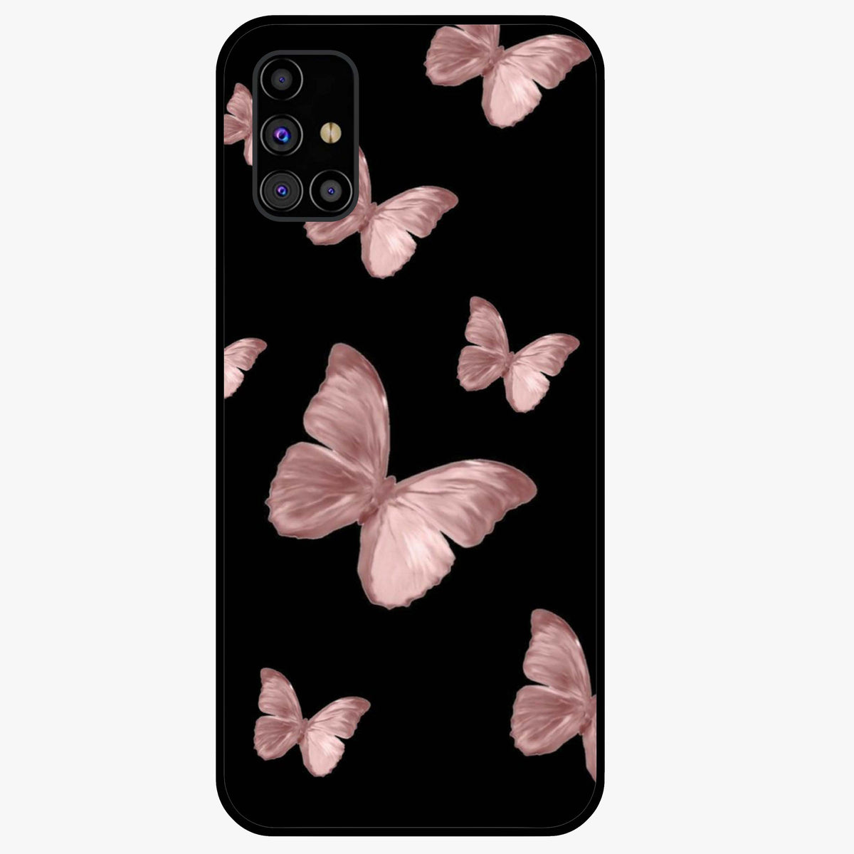 Butterfly Pattern Glass Case showing flat back view with elegant butterfly pattern artwork and glossy glass finish.