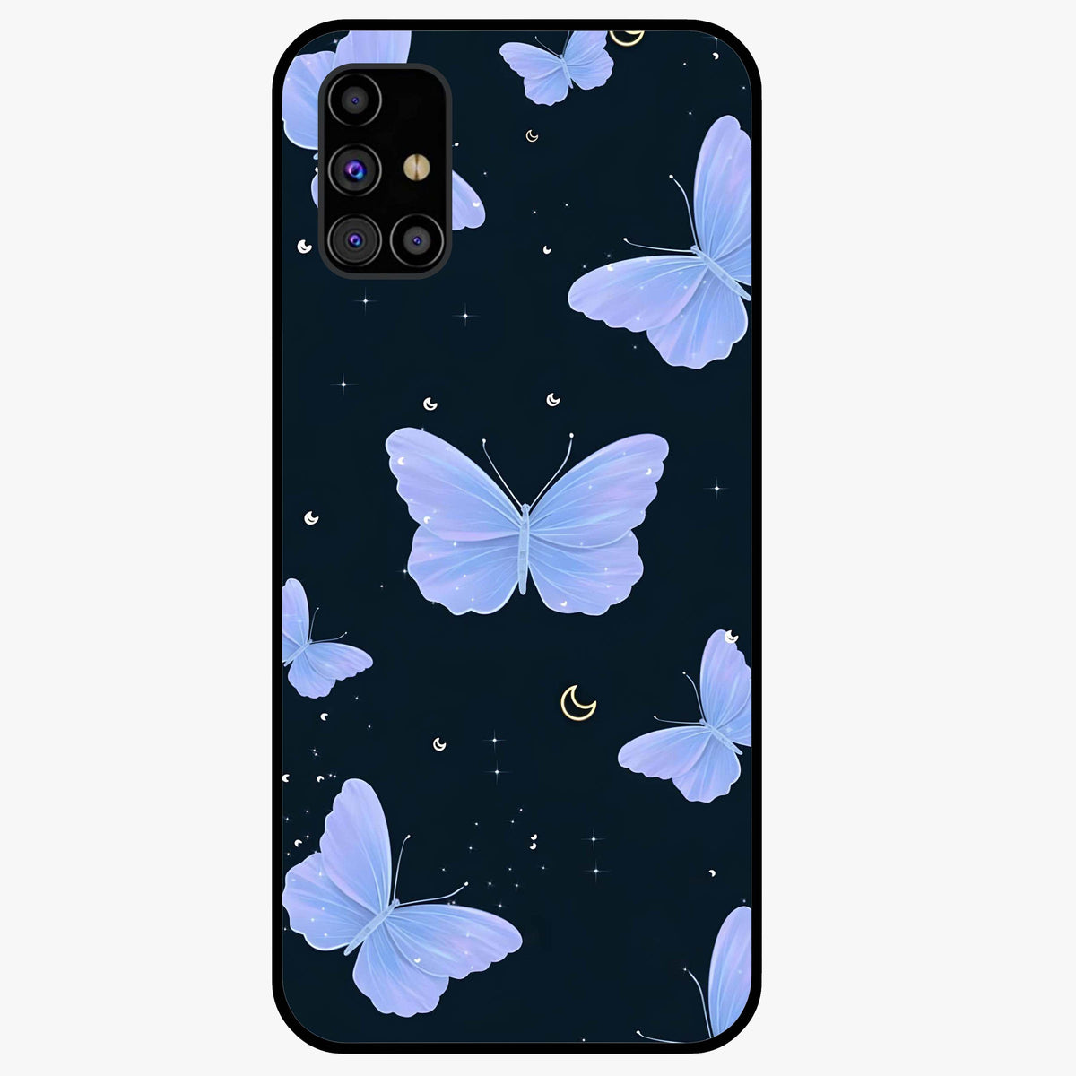 Butterfly With Stars Pattern Glass Case showing flat back view with butterfly and star pattern artwork and glossy glass finish.