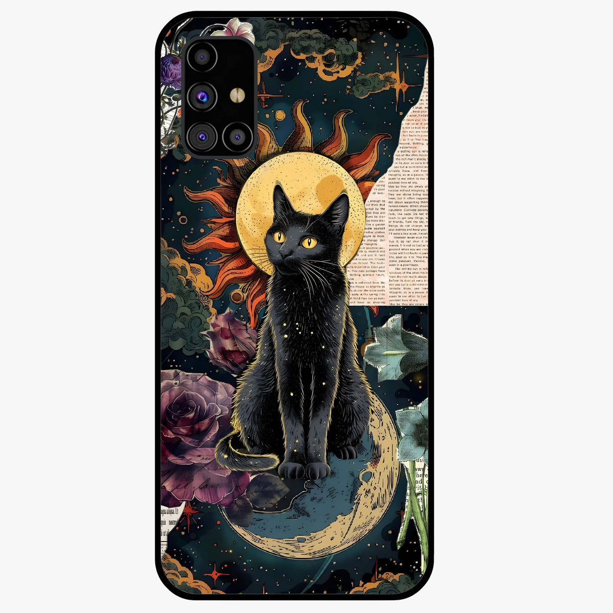 Celestial Black Cat Glass Case showing flat back view with mystical black cat artwork and glossy glass finish.