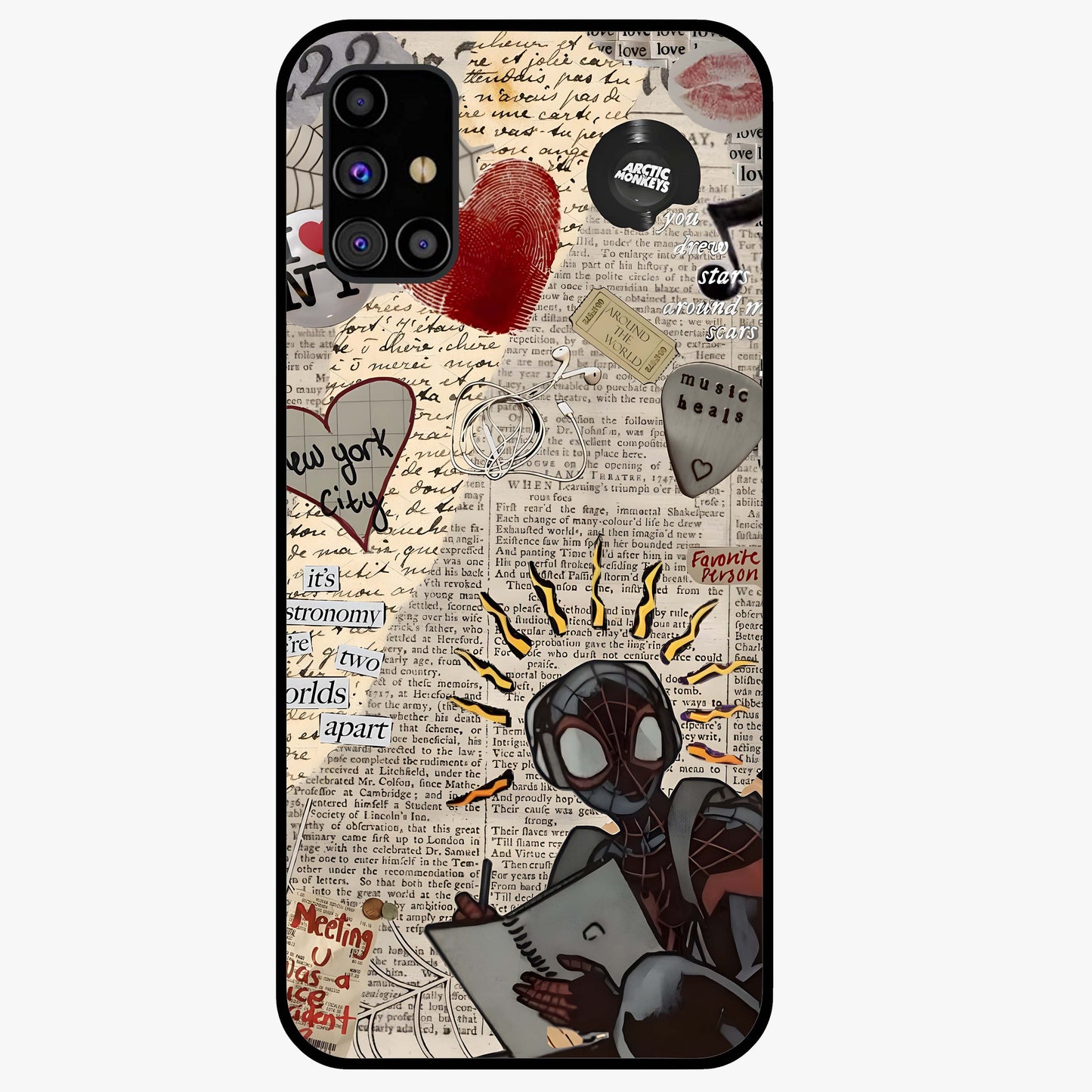 City Dream Sketch Glass Case showing flat back view with artistic city skyline sketch artwork and glossy glass finish.