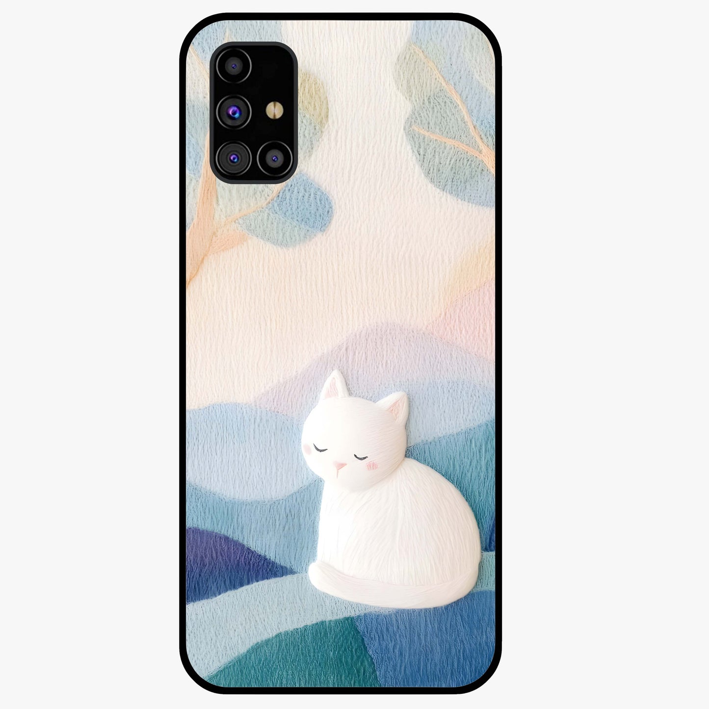 Cotton Dream Cat Glass Case showing flat back view with soft dreamy cat artwork and glossy glass finish.