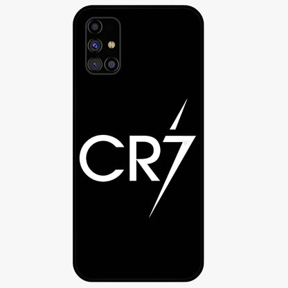 Cr7 Elite Strike Glass Case showing flat back view with dynamic football inspired artwork and glossy glass finish.