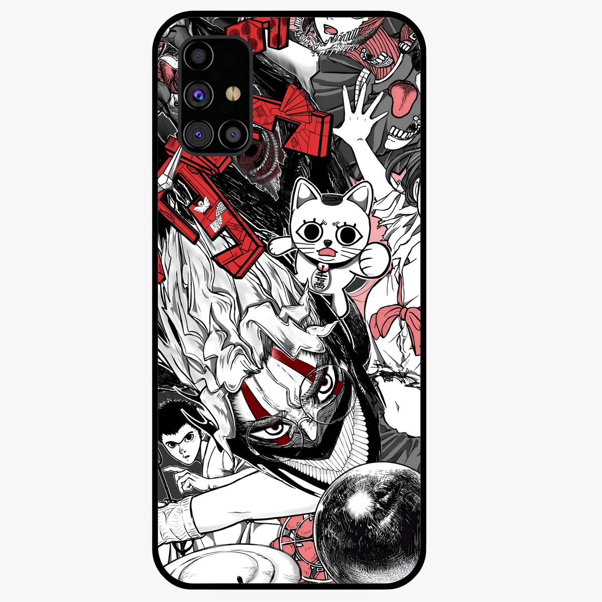Crimson Chaos Panel Glass Case showing flat back view with bold crimson abstract artwork and glossy glass finish.