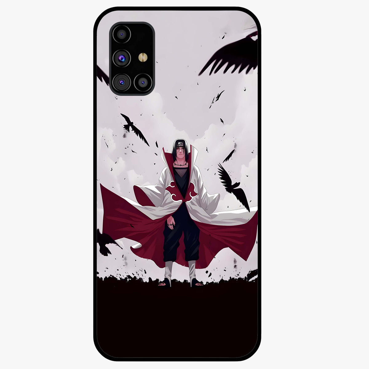 Crimson Crow Ascension Glass Case showing flat back view with mystical crow artwork and glossy glass finish.