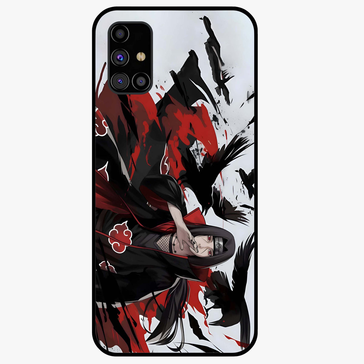 Crimson Crow Illusion Glass Case showing flat back view with artistic crow illusion artwork and glossy glass finish.