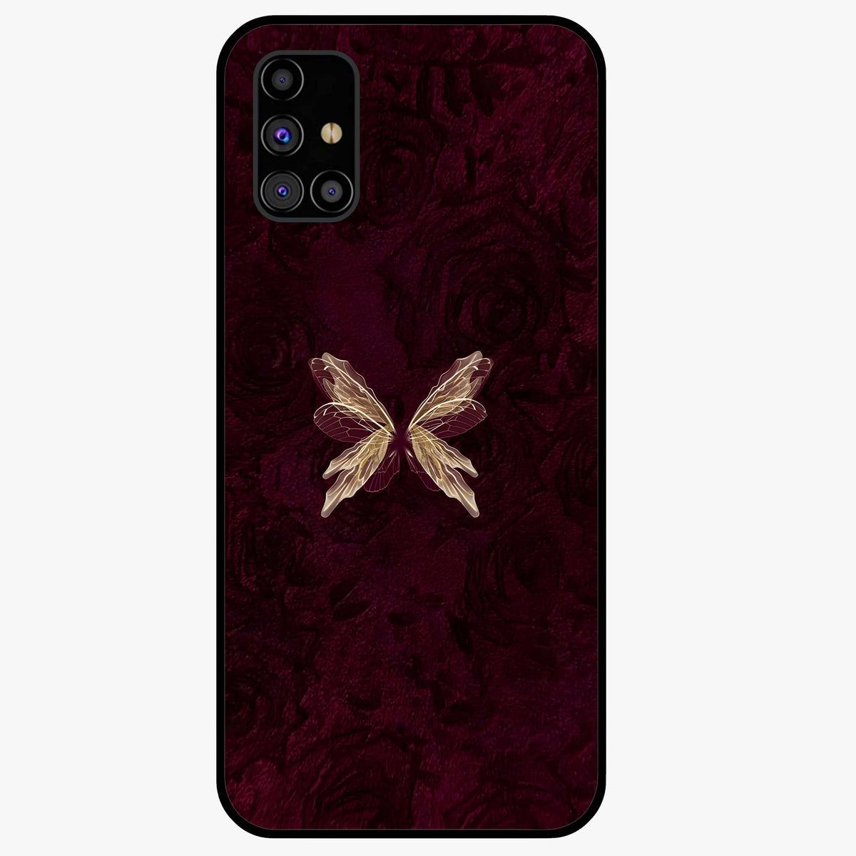 Crimson Fade Butterfly Glass Case showing flat back view with fading butterfly artwork and glossy glass finish.