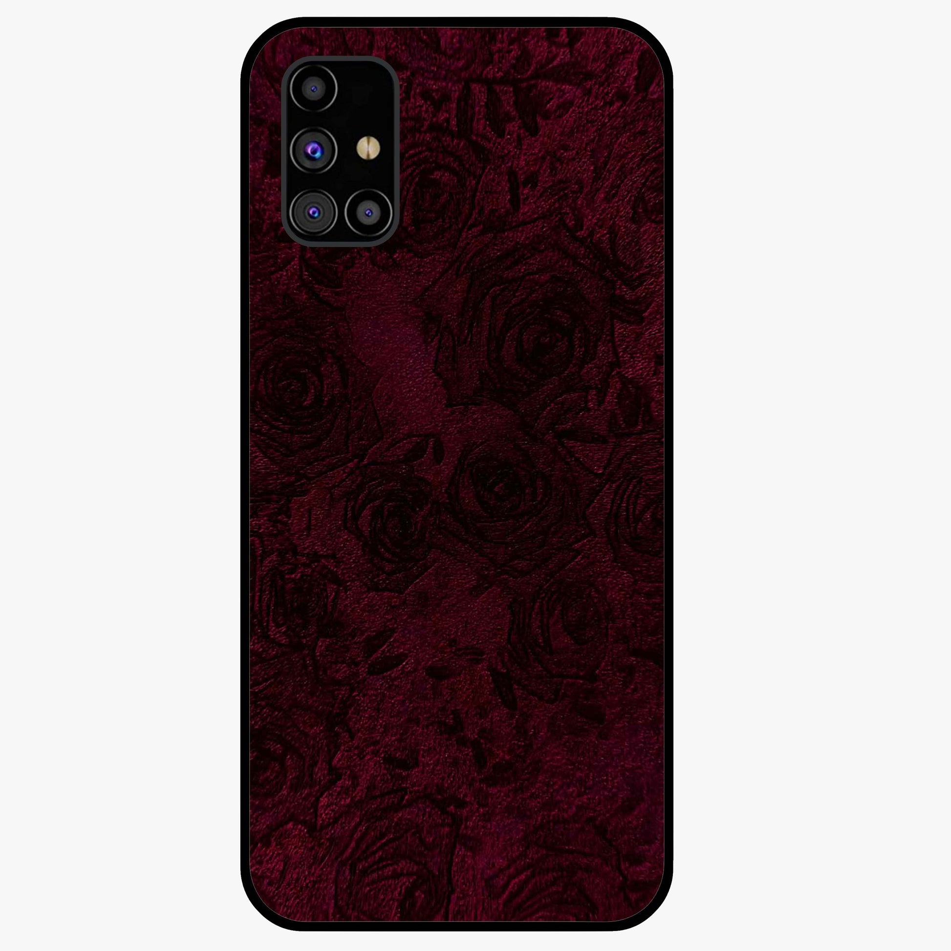 Crimson Fade Flow Glass Case showing flat back view with flowing crimson gradient artwork and glossy glass finish.